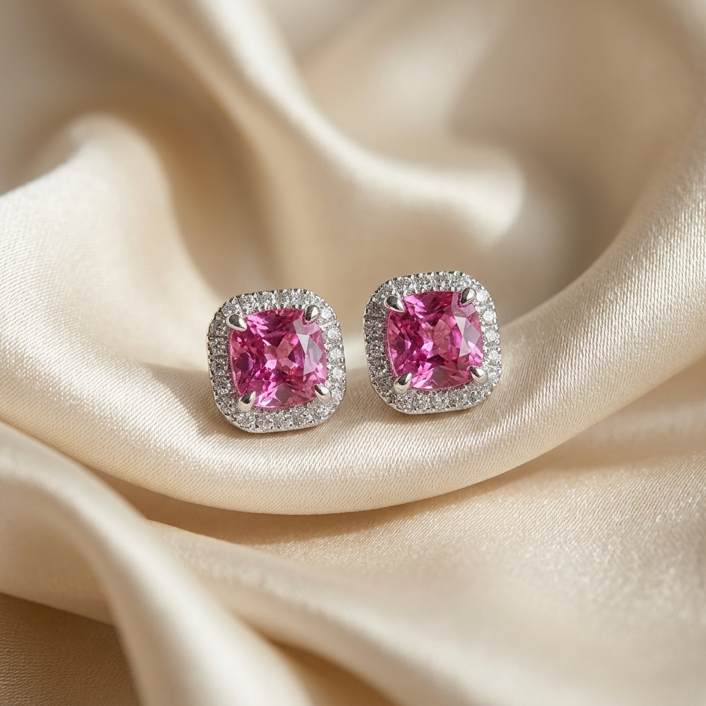 Pink spinel and diamond halo earrings - angled view