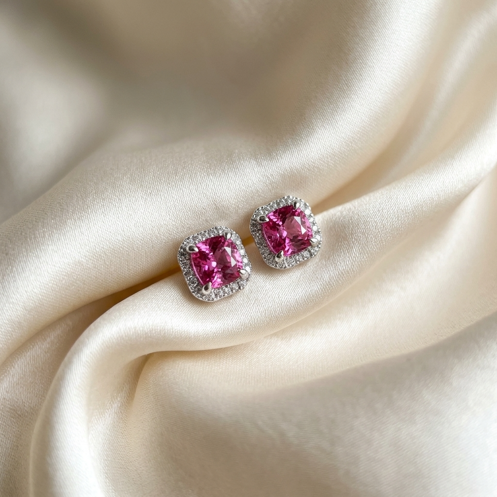 Pink spinel and diamond halo earrings - detail view