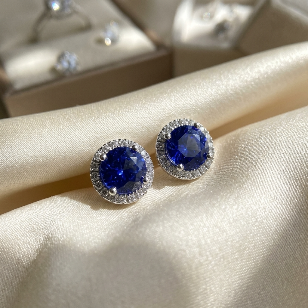 Sapphire and diamond halo earrings - detail view