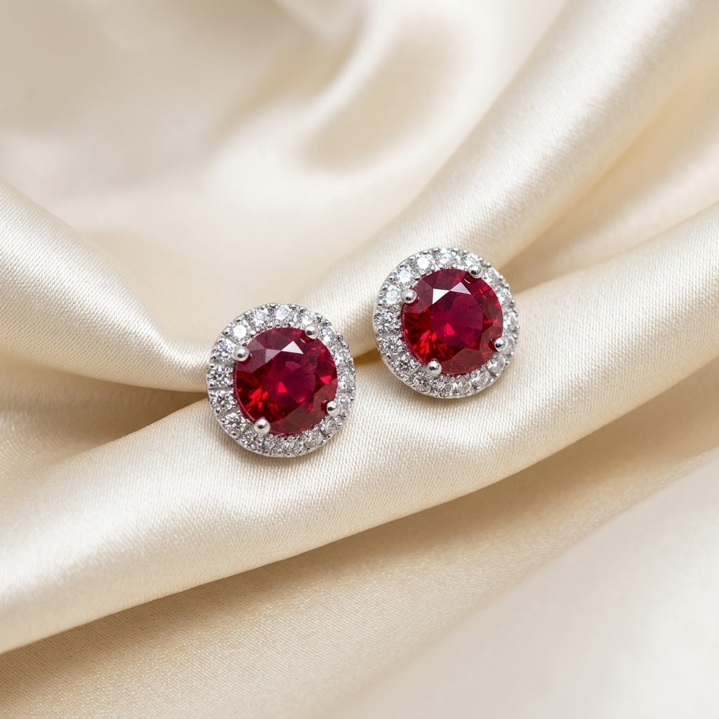 Round ruby and diamond halo earrings