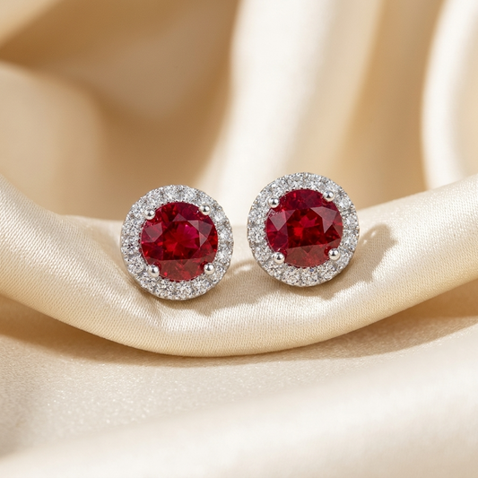 Round ruby and diamond halo earrings - angled view
