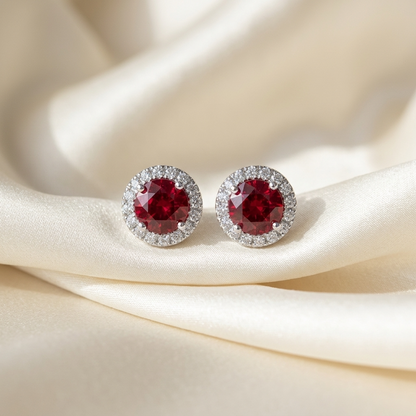 Round ruby and diamond halo earrings - detail view
