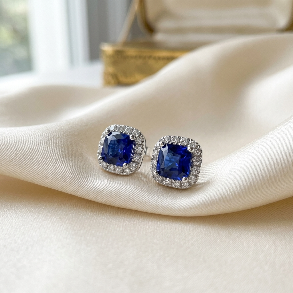 Sapphire and diamond halo earrings - detail view