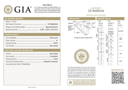 GIA Certificate Round Diamond 0.23ct H VVS1 