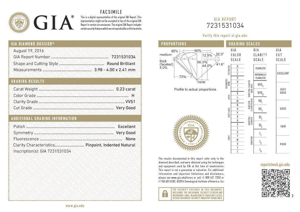 GIA Certificate Round Diamond 0.23ct H VVS1