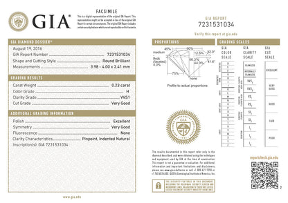 GIA Certificate Round Diamond 0.23ct H VVS1