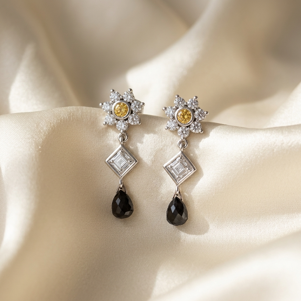 Flower cluster diamond drop earrings - angled view