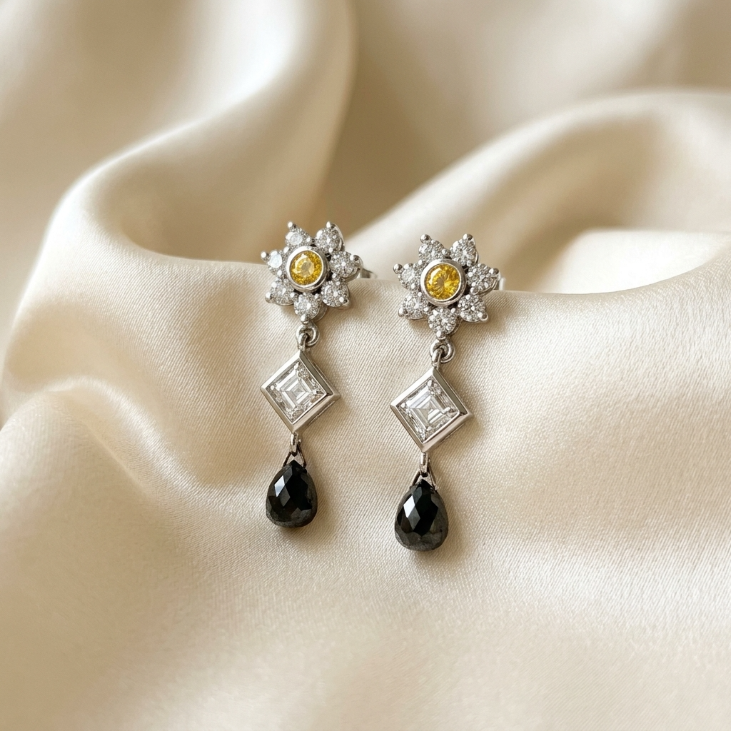 Flower cluster diamond drop earrings - detail view