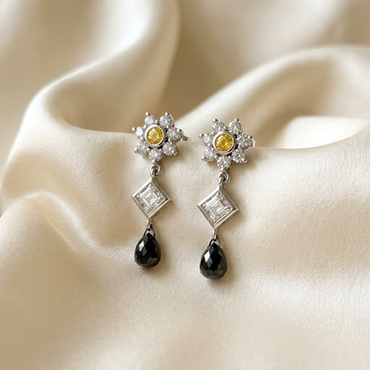 Flower cluster diamond drop earrings - detail view