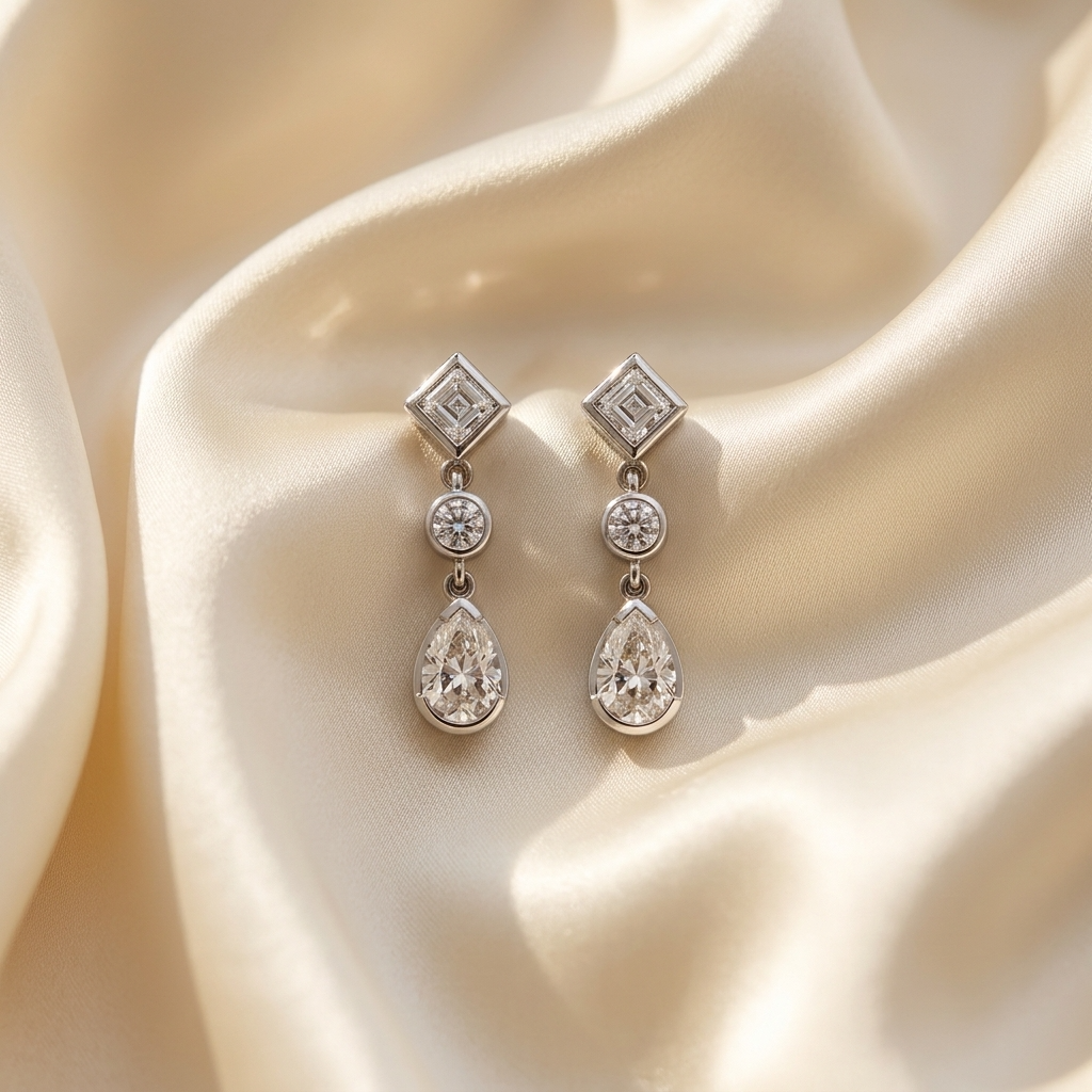 Pear shape and square diamond drop earrings