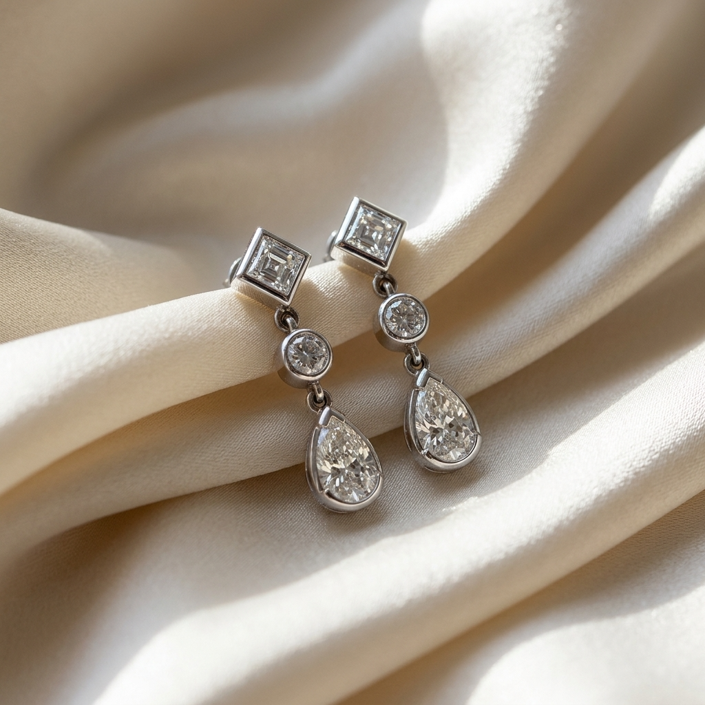 Pear shape and square diamond drop earrings - angled view