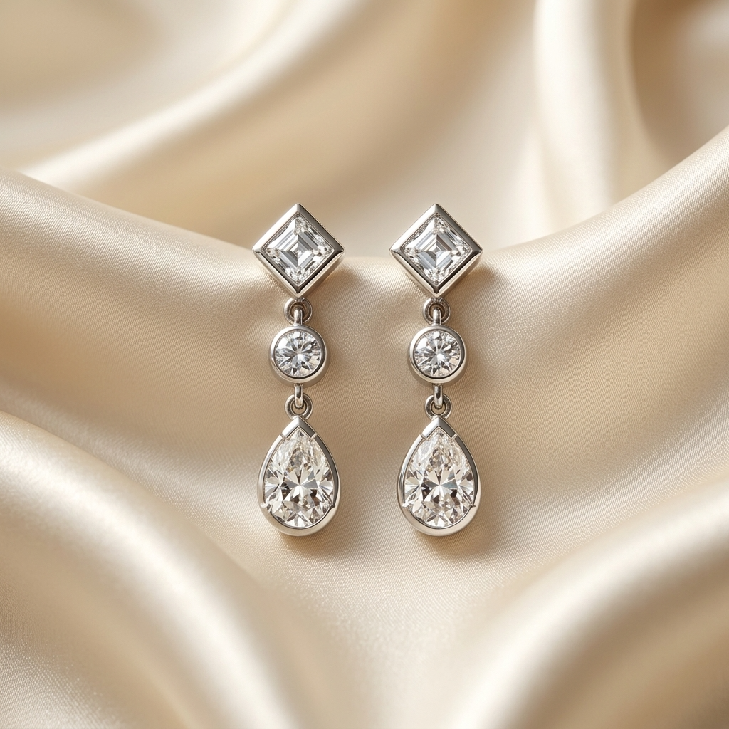 Pear shape and square diamond drop earrings - detail view
