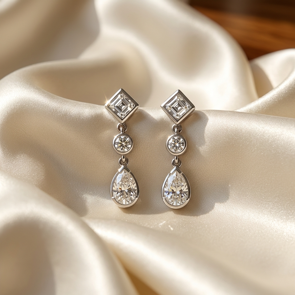 Pear shape and square diamond drop earrings - close up