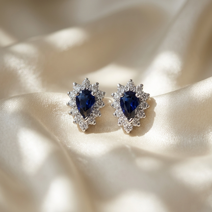Pear shape sapphire and diamond earrings - close up