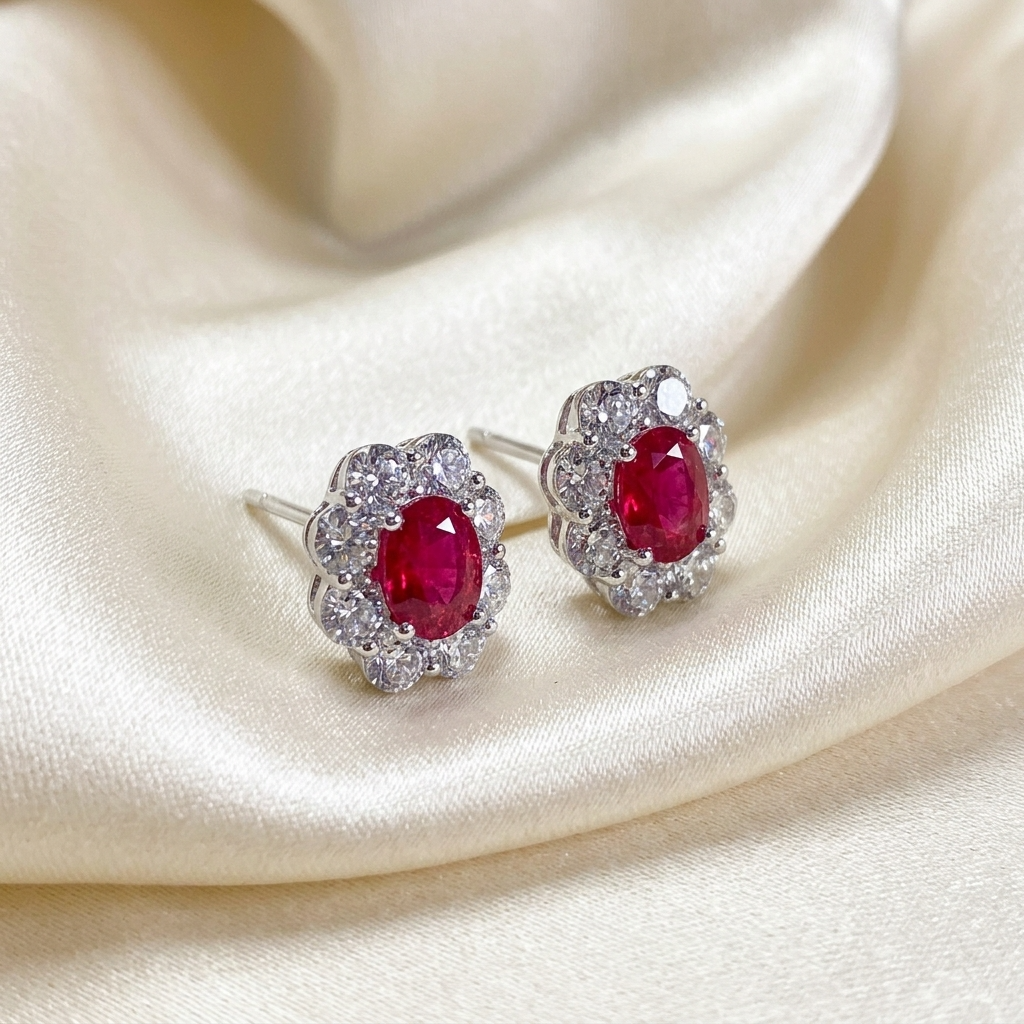 Ruby and diamond halo earrings - angled view