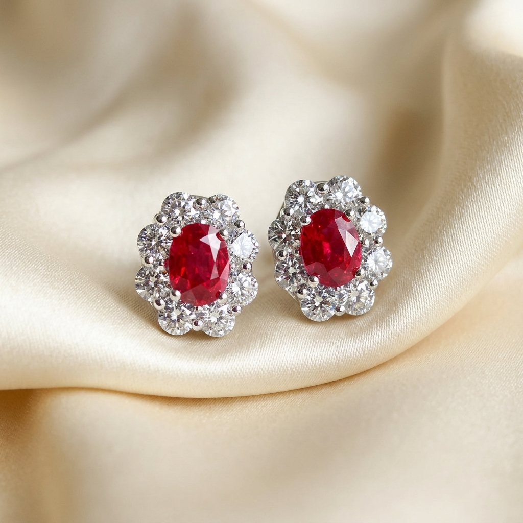 Ruby and diamond halo earrings - detail view