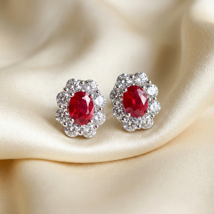 Ruby and diamond halo earrings - detail view