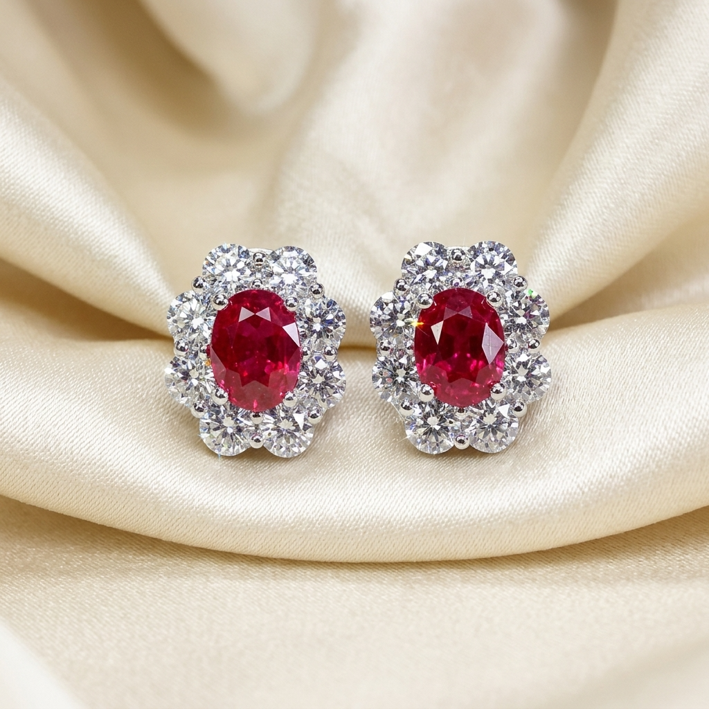 Ruby and diamond halo earrings