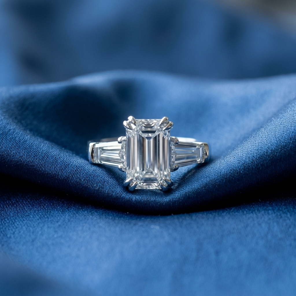 Emerald cut diamond engagement ring with tapered baguette side stones — handcrafted in Sydney