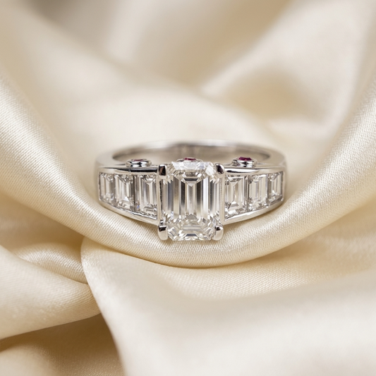 Emerald cut diamond engagement ring with trapezoid side stones — handcrafted in Sydney