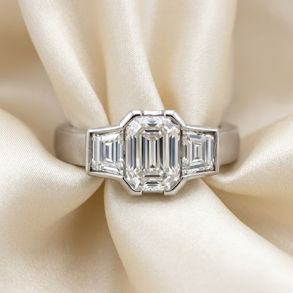 Emerald cut diamond trilogy engagement ring — handcrafted in Sydney
