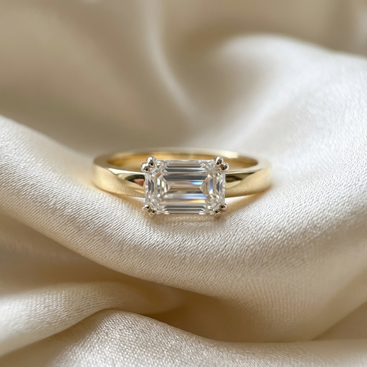 Emerald cut diamond East-West engagement ring — handcrafted in Sydney