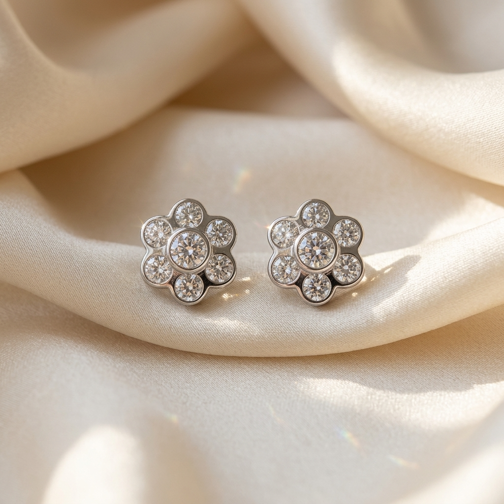 Flower cluster diamond earrings - angled view