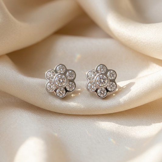 Flower cluster diamond earrings - angled view