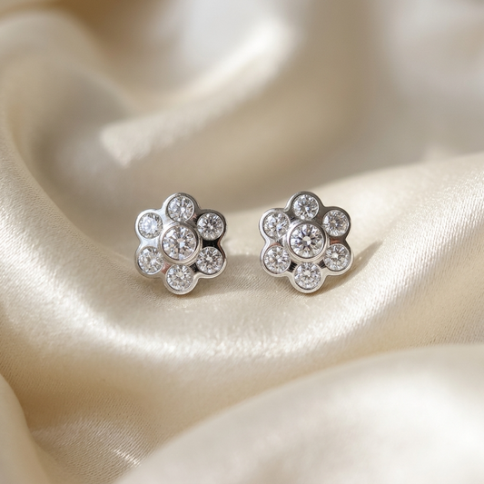 Flower cluster diamond earrings - detail view
