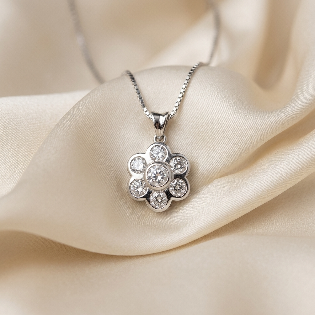 Diamond flower pendant with white gold bail - angled view