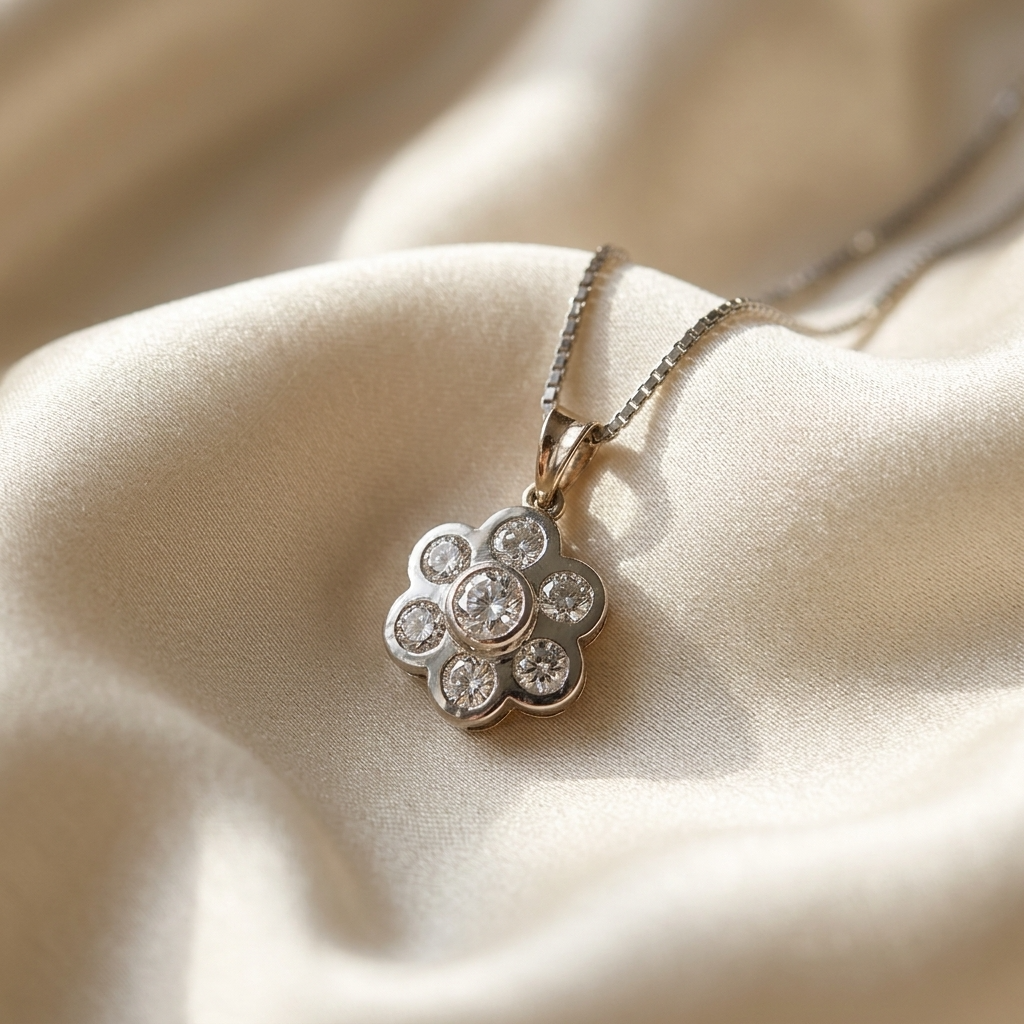 Diamond flower pendant with yellow gold bail - detail view