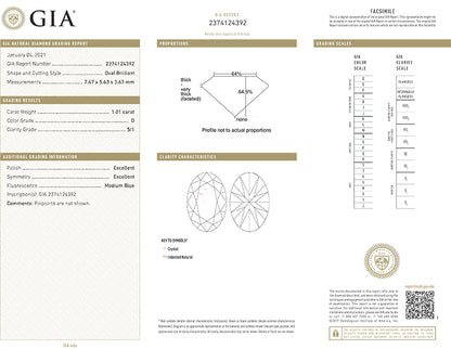 Oval Diamond 1.01ct D SI1 FS 1172 GIA