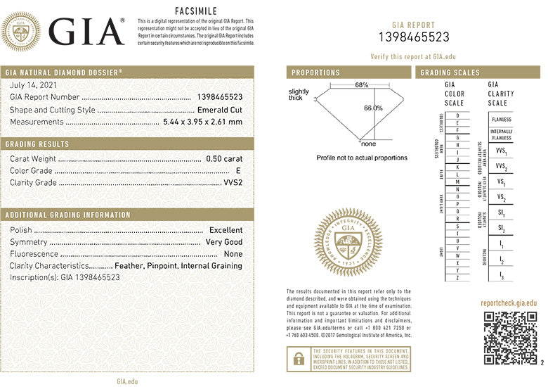 GIA Certificate Emerald Cut Diamond 0.50ct E VVS2
