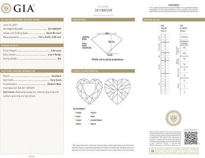 GIA Certificate Heart Shape Diamond 2.00ct U-V SI2 FS 1196