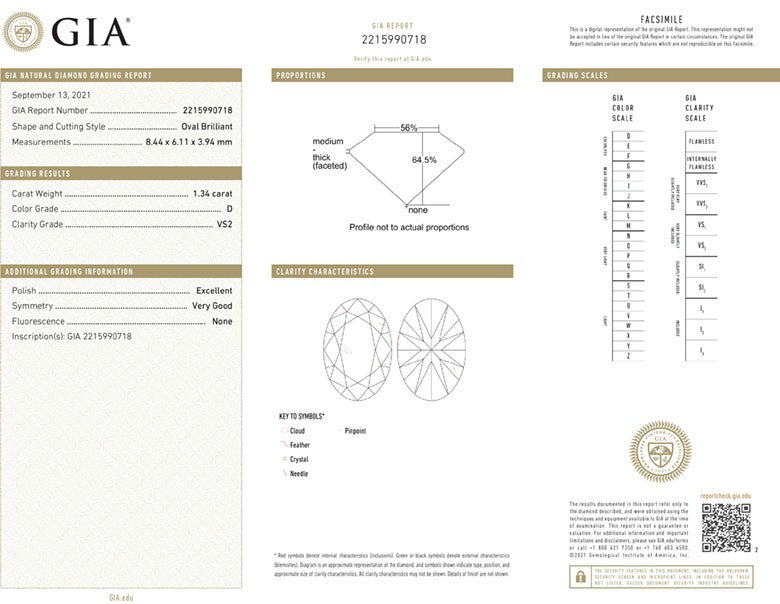GIA Certificate Oval Diamond 1.34ct D VS2