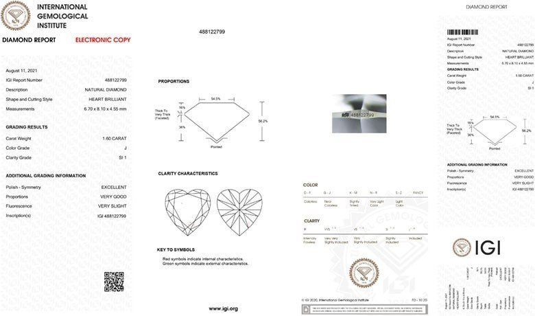 IGI Certificate Heart Shape Diamond 1.60ct J SI1