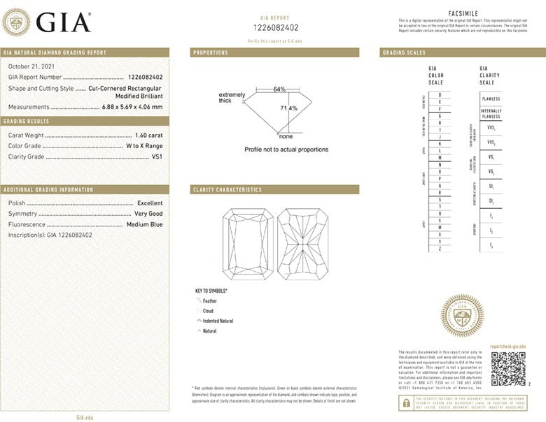 GIA Certificate Radiant Cut Diamond 1.60ct VS1