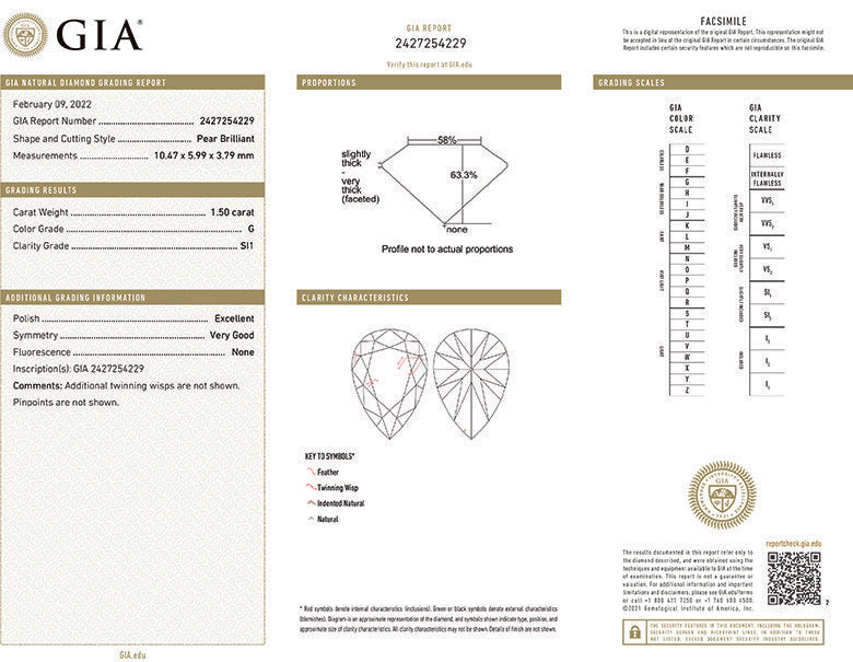 GIA Certificate Pear Shape Diamond 1.50ct G SI1 