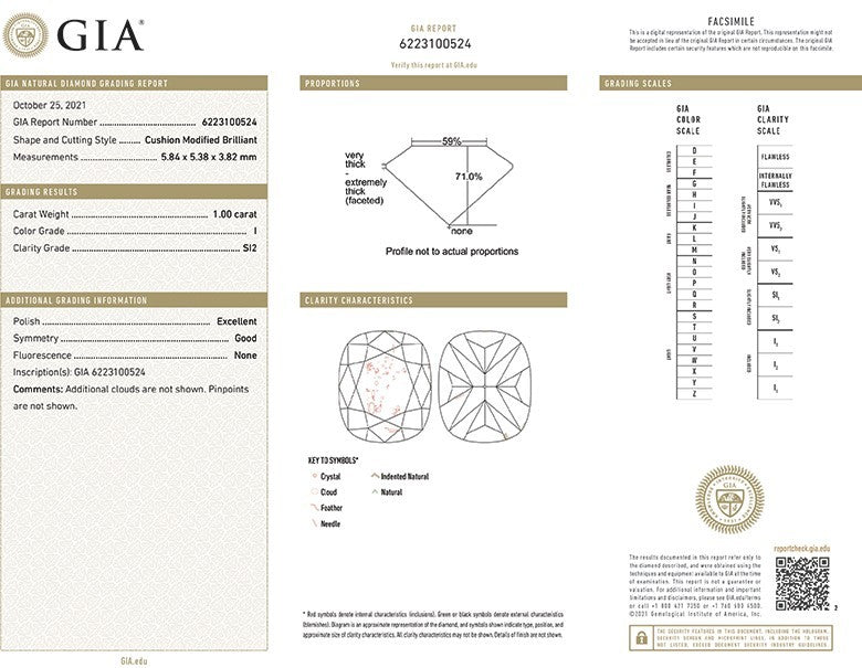 GIA Certificate Cushion Cut Diamond 1.00ct I SI2