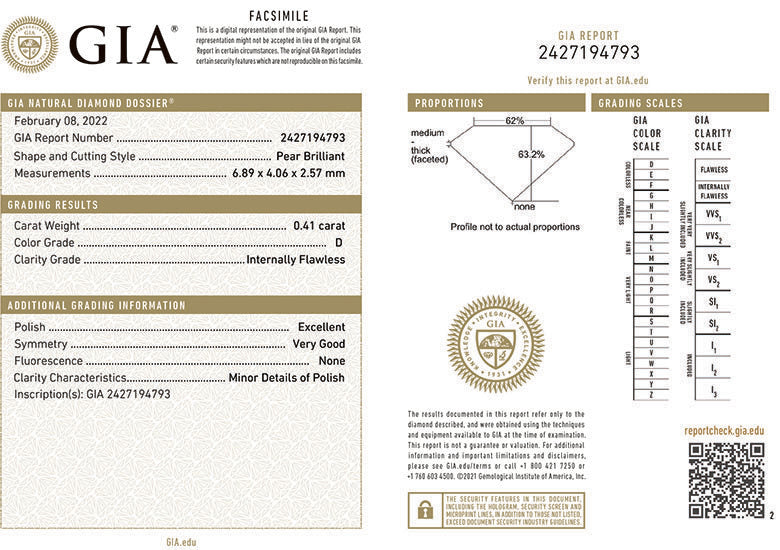 GIA Certificate Pear Shape Diamond 0.41ct D IF