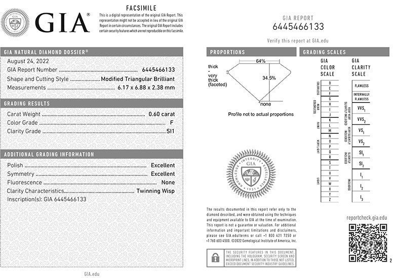 Trilliant Cut Diamond 0.60ct F SI1 GIA