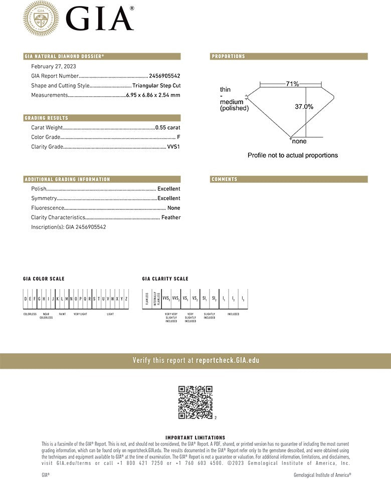 GIA Certificate Triangular Step Cut Diamond 0.55ct F VVS1