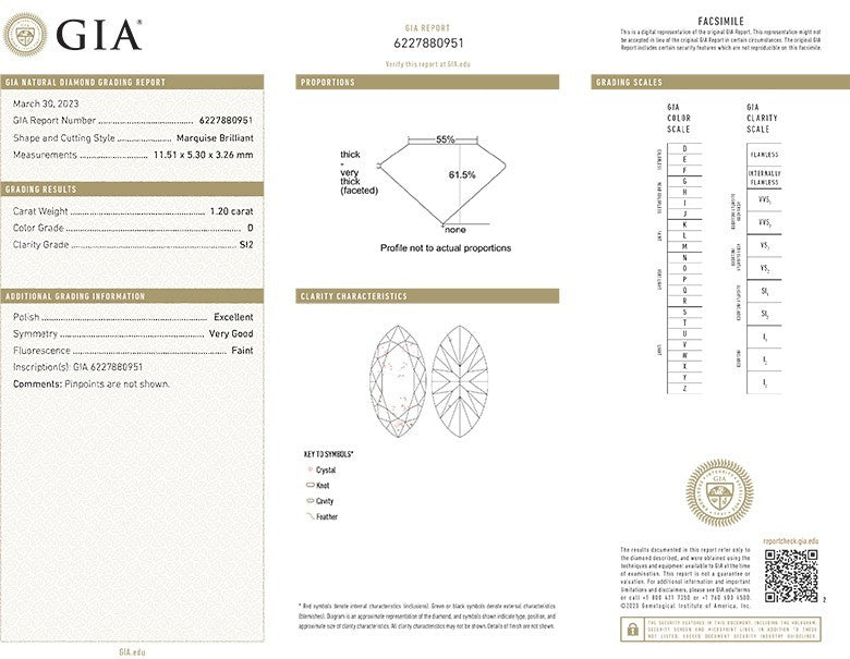 GIA Certificate Marquise Cut Diamond 1.20ct D SI2