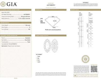 GIA Certificate Marquise Cut Diamond 1.20ct D SI2