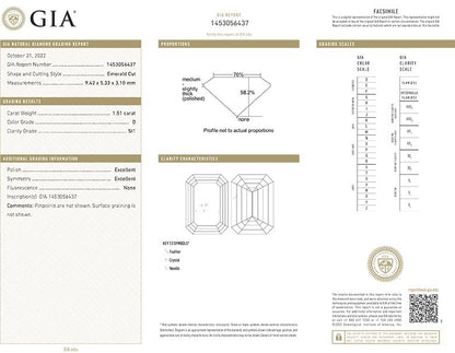 GIA Certificate Emerald Cut Diamond 1.51ct D SI1