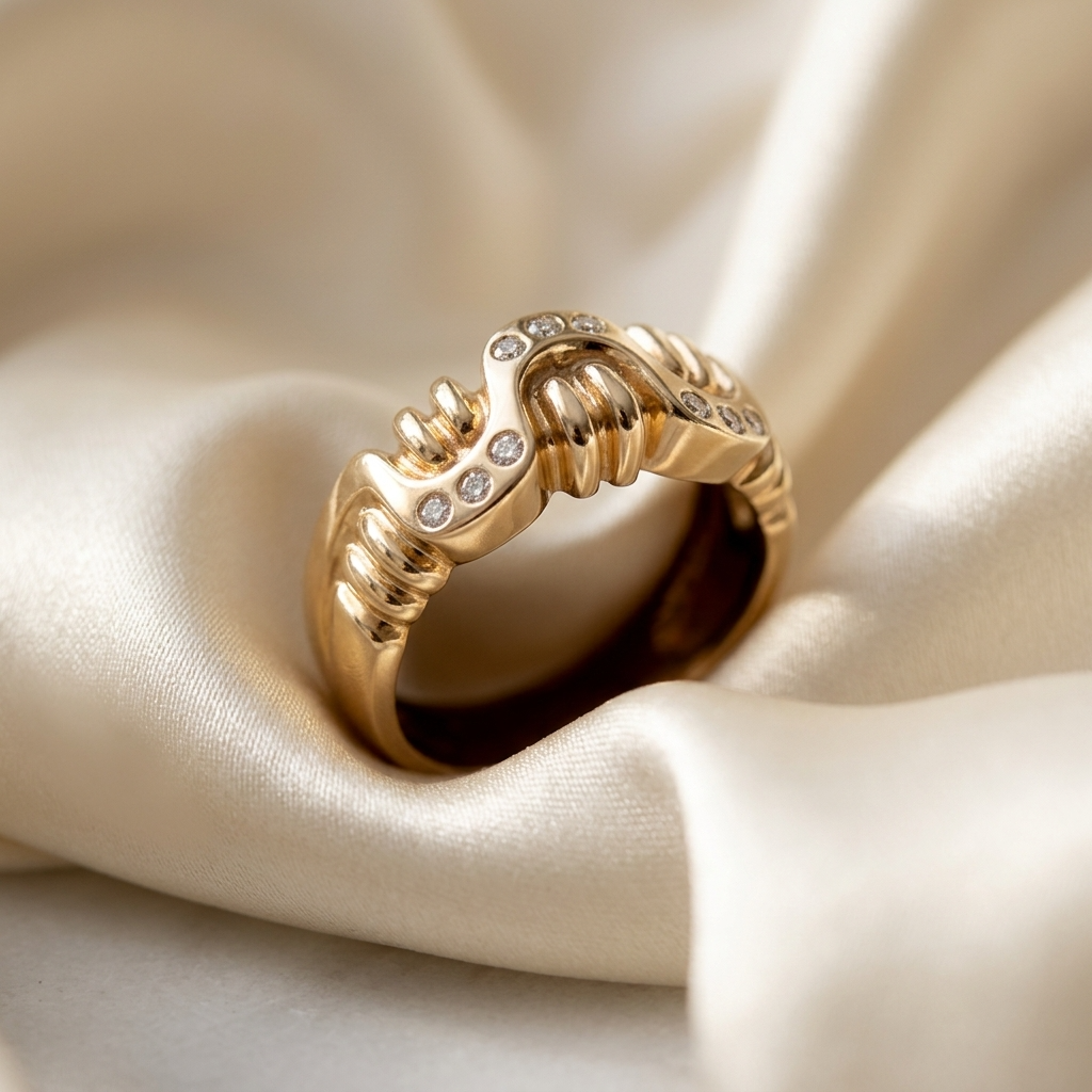 Yellow gold diamond buckle dress ring - angled view