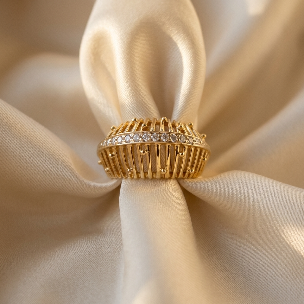 Gold and diamond basket dome ring - side view