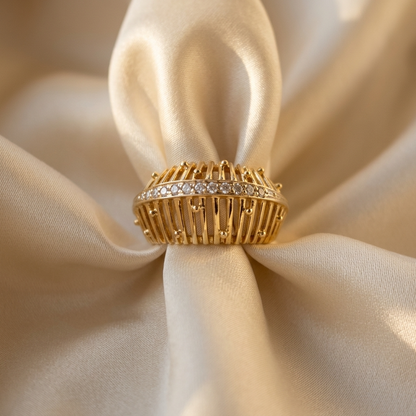 Gold and diamond basket dome ring - side view