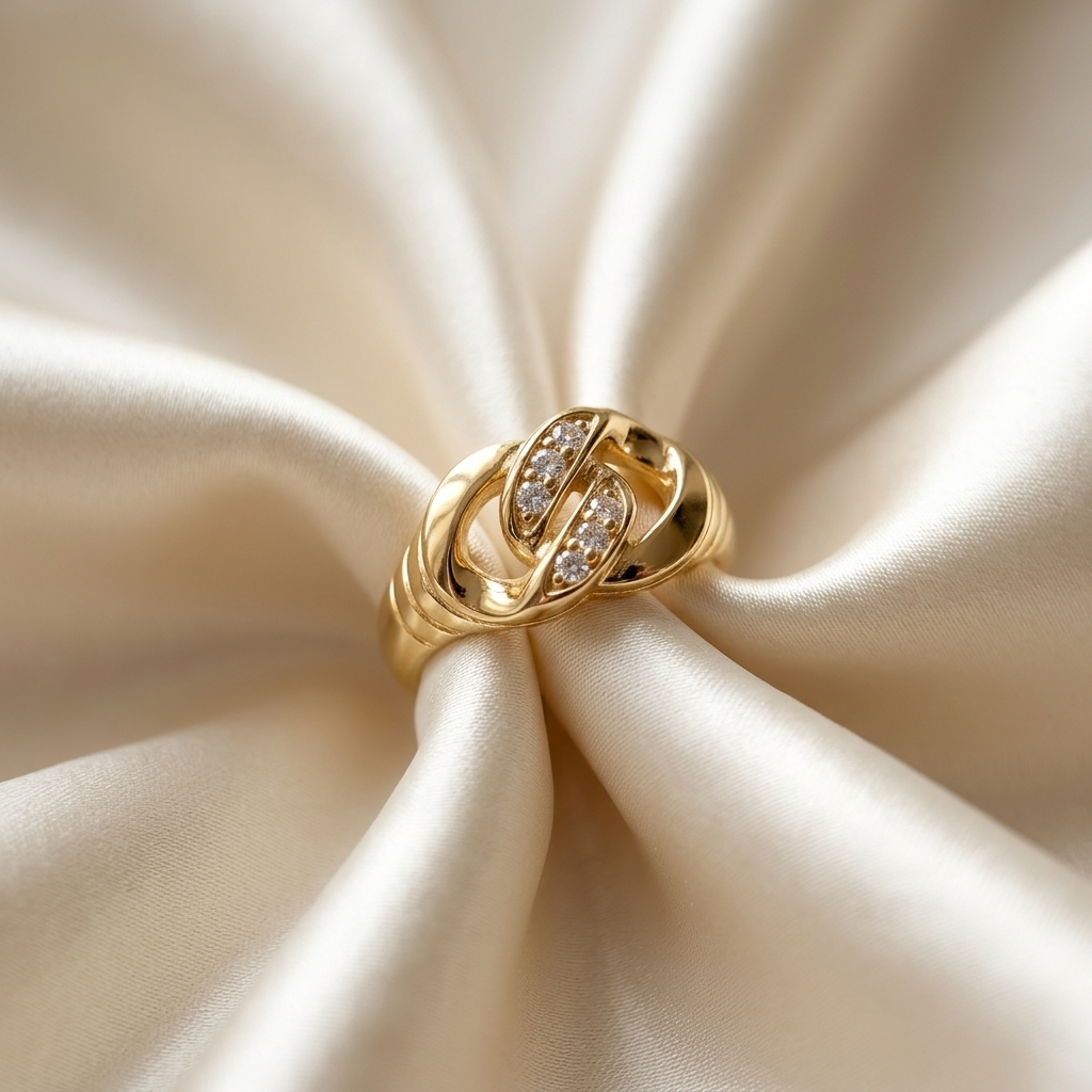 Yellow gold diamond link ring - angled view