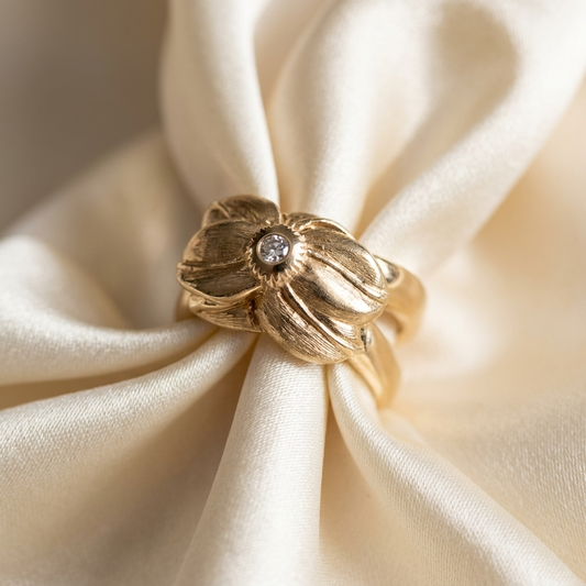 Yellow gold diamond flower ring - side view